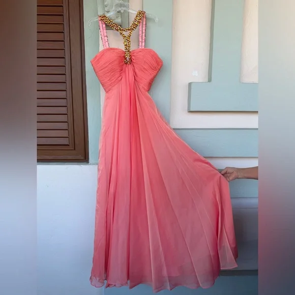 Vintage Salmon Pink Prom Coral Chiffon Dress Beaded Statement Sweetheart 2014 - Picture 3 of 8